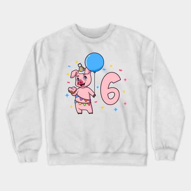 I am 6 with pig - kids birthday 6 years old Crewneck Sweatshirt by Modern Medieval Design